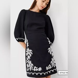 Ann Taylor Petite Embroidered Linen Blend Open Back Flare Dress 4 black/white
